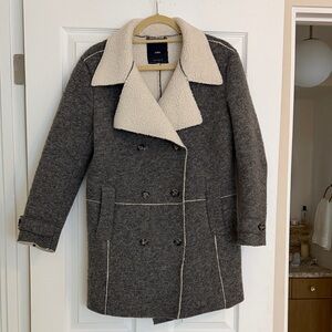 Zara Wool blend knit Gray Pea Coat with Cream sherpa lining